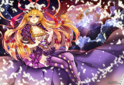 Rule 34 | 1girl, adapted costume, alternate costume, blonde hair, breasts, bug, butterfly, choker, cleavage, cleft of venus, cloud, collarbone, dress, frilled dress, frills, full moon, glowing, hair ribbon, hat, hat ribbon, highres, insect, large breasts, long hair, looking at viewer, moon, nail polish, parted lips, pink nails, primcoco, puffy sleeves, purple dress, purple eyes, purple thighhighs, ribbon, short dress, short sleeves, sitting, sky, solo, star (sky), thighhighs, touhou, tress ribbon, very long hair, yakumo yukari, zettai ryouiki