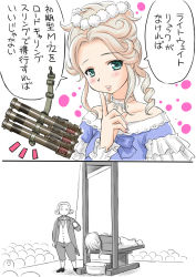 Rule 34 | 1boy, 1girl, anger vein, blonde hair, blush, bow, choker, commentary request, dress, ebifly, finger to cheek, green eyes, guillotine, index finger raised, looking at viewer, m72 law, man-portable anti-tank systems, marie antoinette (historical person), notice lines, parted lips, purple bow, purple dress, real life, rocket launcher, solo focus, standing, translation request, weapon, white choker