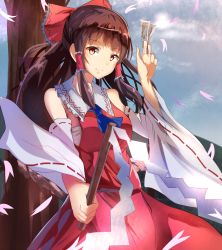 Rule 34 | 1girl, ascot, bare shoulders, between fingers, bow, brown eyes, brown hair, cloud, cloudy sky, day, detached sleeves, dress, gohei, hair bow, hair tubes, hakurei reimu, highres, hizagawa rau, holding, long hair, long sleeves, looking at viewer, petals, red bow, red dress, sarashi, sky, smile, solo, spell card, touhou, tree, wide sleeves