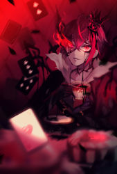 Rule 34 | 1boy, ahoge, antenna hair, black gloves, card, choker, collarbone, crossed bangs, crown, cup, dripping, flaming eye, gloves, hair between eyes, heart, heart ahoge, heart antenna hair, heart print, highres, holding, holding cup, ink, ink on face, inkblot, kakkou (kakkkkkou), looking at viewer, male focus, mini crown, overblot, overflowing, parted lips, playing card, red background, red eyes, red hair, riddle rosehearts, saucer, short hair, sitting, smile, solo, teacup, torn clothes, twisted wonderland