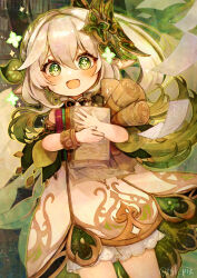 Rule 34 | 1girl, bloomers, book, bracelet, cape, commentary request, cowboy shot, dress, excited, flower-shaped pupils, genshin impact, gold trim, gradient hair, green cape, green eyes, green hair, grey hair, hair ornament, happy, highres, holding, holding book, holding map, holding paper, indoors, jewelry, looking at viewer, map, multicolored hair, nahida (genshin impact), paper, paper stack, pointy ears, shelf, side ponytail, solo, symbol-shaped pupils, tgf pic, underwear, white bloomers, white dress