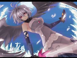 Rule 34 | 1girl, breasts, elbow gloves, engi threepiece, female focus, gloves, hall jion, jewelry, nature, outdoors, pendant, plant, red eyes, short hair, silver hair, sky, solo, sword, weapon, wings, yumekui merry