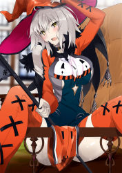 Rule 34 | 1girl, ahoge, blurry, blurry background, blush, bob cut, boots, breasts, choker, commentary request, cross-laced footwear, fate (series), halloween, halloween costume, hat, head tilt, highres, holding, jeanne d&#039;arc (fate), jeanne d&#039;arc alter (avenger) (fate), jeanne d&#039;arc alter (fate), long sleeves, looking at viewer, open mouth, orange footwear, outdoors, pelvic curtain, railing, short hair, sitting, solo, spread legs, sweatdrop, thigh boots, thighhighs, thighs, vane (vane0), white hair, witch hat, yellow eyes
