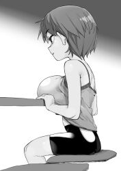 Rule 34 | 1girl, ass, bare shoulders, bike shorts, breast rest, breasts, breasts on table, cushion, female focus, from side, greyscale, highres, large breasts, monochrome, mukago (mukagomumumu), oppai loli, parted lips, profile, shiny clothes, short hair, sitting, solo