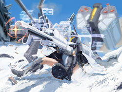 Rule 34 | 1girl, absurdres, aiming, anti-materiel rifle, cape, goddess of victory: nikke, gun, highres, jacket, miou, rifle, science fiction, scope, signature, sitting, snickers (brand), sniper rifle, snow, snow white (nikke), solo, weapon, white hair, white jacket, yellow eyes