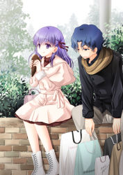 Rule 34 | 1boy, 1girl, :q, bag, black jacket, blue eyes, blue hair, boots, brick wall, brother and sister, brown scarf, capelet, chize, closed mouth, commentary request, cross-laced footwear, day, dress, fate/stay night, fate (series), food, fur-trimmed sleeves, fur trim, grey pants, hair ribbon, holding, holding food, jacket, lace-up boots, long hair, long sleeves, matou sakura, matou shinji, outdoors, pants, parted lips, purple eyes, purple hair, red ribbon, ribbon, scarf, shopping bag, siblings, sitting, smile, sweat, tongue, tongue out, wavy hair, white capelet, white dress, white footwear