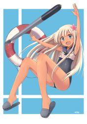 Rule 34 | 10s, 1girl, :d, arms up, azu (azusayumix), bad id, bad pixiv id, bare legs, bare shoulders, blonde hair, blue eyes, blush, crop top, flower, hair flower, hair ornament, kantai collection, lifebuoy, long hair, looking at viewer, neckerchief, one-piece swimsuit, open mouth, revision, ro-500 (kancolle), sailor collar, school swimsuit, slippers, smile, solo, swim ring, swimsuit, swimsuit under clothes, torpedo