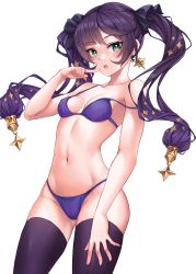 Rule 34 | 1girl, :o, arm up, bare arms, bare shoulders, bikini, black thighhighs, blush, breasts, cleavage, collarbone, cowboy shot, earrings, genshin impact, gluteal fold, green eyes, groin, highres, jewelry, long hair, looking at viewer, mona (genshin impact), n15e, navel, open mouth, pointing, pointing at self, purple bikini, purple hair, simple background, small breasts, solo, stomach, strap slip, swimsuit, thighhighs, thighs, twintails, very long hair, white background