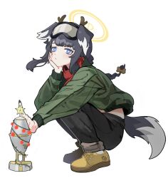 Rule 34 | 1girl, animal ears, black hair, black pants, blue archive, blue eyes, bone hair ornament, braid, closed mouth, dog ears, dog girl, dog tail, fake animal ears, fake antlers, full body, goggles, goggles on head, green jacket, hair ornament, halo, hand on own chin, heo bol, hibiki (blue archive), highres, jacket, long hair, long sleeves, looking at viewer, pants, paw print, red scarf, rocket, scarf, shoes, simple background, solo, squatting, tail, white background, yellow footwear