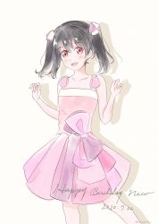 Rule 34 | 1girl, artist name, artist request, bare shoulders, black hair, blush, bow, breasts, collarbone, dress, dress bow, female focus, hair bow, highres, komaki1722, looking at viewer, love live!, love live! school idol project, pink bow, pink dress, pink skirt, red eyes, short hair, skirt, small breasts, smile, solo, twintails, white background, yazawa nico