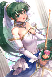 Rule 34 | 1girl, absurdres, bare shoulders, blurry, blurry background, blush, breasts, candle, cleavage, commentary request, detached collar, dress, earrings, fire emblem, fire emblem: the blazing blade, fire emblem heroes, frills, gonzarez, green eyes, green hair, hair ornament, highres, jewelry, lips, long hair, looking at viewer, lyn (bridal) (fire emblem), lyn (fire emblem), medium breasts, necklace, nintendo, official alternate costume, open mouth, ponytail, solo, sparkle, strapless, strapless dress, sweat, sweatdrop, wedding dress, white dress