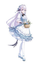 Rule 34 | 1girl, absurdres, apron, au ra, basket, blue dress, blue eyes, blue flower, blue footwear, dragon horns, dragon tail, dress, final fantasy, final fantasy xiv, flower, flower basket, frilled dress, frills, full body, heterochromia, highres, holding, holding basket, horns, looking to the side, maid, maid apron, mianyue qianyu, pantyhose, purple eyes, scales, scrunchie, solo, tail, white background, white pantyhose, wrist scrunchie