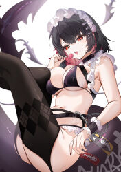 1girl absurdres bikini black_bikini black_choker black_hair black_thighhighs candy choker colored_inner_hair ellen_joe fins fish_tail food highres holding holding_candy holding_food holding_lollipop knees_up lollipop maid maid_bikini maid_headdress medium_hair multicolored_hair navel open_mouth red_eyes red_nails shark_girl shark_tail simple_background solo stomach swimsuit tail thighhighs unconventional_maid white_background yukineko1018 zenless_zone_zero