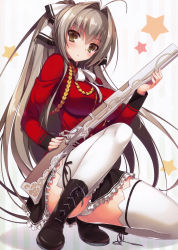 Rule 34 | 10s, 1girl, absurdres, ahoge, aiguillette, amagi brilliant park, antenna hair, black ribbon, blush, boots, breasts, brown eyes, brown hair, cross-laced footwear, frilled skirt, frills, gun, hair intakes, hair ribbon, highres, huge filesize, lace-up boots, large breasts, leg ribbon, long hair, matching hair/eyes, military, military uniform, musket, official art, panties, pantyshot, ribbon, scan, sento isuzu, skirt, solo, squatting, star (symbol), striped, striped background, thigh ribbon, thighhighs, tomose shunsaku, underwear, uniform, vertical stripes, very long hair, weapon, white ribbon, white thighhighs