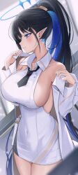 Rule 34 | 1girl, bare shoulders, black hair, black necktie, blue archive, blue eyes, blue hair, blurry, blush, breasts, covered navel, cowboy shot, depth of field, dress, earrings, giga-tera, glint, hair ornament, hairclip, halo, high ponytail, highres, jewelry, lab coat, large breasts, long hair, multicolored hair, necktie, parted lips, pointy ears, rin (blue archive), short dress, short necktie, solo, streaked hair, utnapishtim operator uniform (blue archive), very long hair, white dress, wing collar