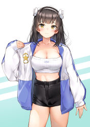 Rule 34 | 1girl, black hair, black shorts, blush, breasts, casual, cleavage, closed mouth, collarbone, cowboy shot, dduck kong, girls&#039; frontline, hairband, highleg shorts, highres, jacket, jacket tug, large breasts, long hair, looking at viewer, open clothes, open jacket, short shorts, shorts, sleeves past wrists, smile, solo, star (symbol), strapless, tube top, type 95 (girls&#039; frontline), very long hair, white hairband, yellow eyes