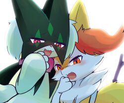 Rule 34 | 2girls, :3, animal ear fluff, animal ears, animal hands, animal nose, backlighting, blush, body fur, braixen, cat girl, cat tail, creatures (company), cropped, fang, female focus, flat chest, fox ears, fox girl, fox tail, furry, furry female, game freak, gen 6 pokemon, green fur, green hair, half-closed eyes, hand to own mouth, hand up, happy, highres, looking at viewer, meowscarada, multiple girls, neck fur, nintendo, nose blush, open mouth, pokemon, pokemon (creature), ragu (apricolor), raised eyebrows, red eyes, short hair, simple background, skin fang, smile, smug, snout, standing, stick, tail, two-tone fur, upper body, white background, white fur, yellow fur
