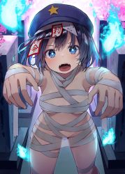 Rule 34 | 1girl, absurdres, bandages, blue eyes, blue hair, blush, breasts, bright pupils, cabbie hat, commentary, cowboy shot, fangs, foreshortening, graveyard, hat, hat ornament, highres, jiangshi, looking at viewer, mamemochi, medium breasts, miyako yoshika, naked bandage, ofuda, open mouth, outstretched arms, revision, short hair, solo, star (symbol), star hat ornament, tombstone, touhou, zombie pose
