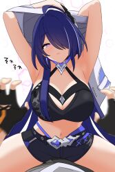 Rule 34 | 1boy, 1girl, absurdres, acheron (honkai: star rail), ahoge, alternate breast size, armpits, black choker, black shorts, breasts, caelus (honkai: star rail), choker, cleavage, closed mouth, collarbone, commentary, criss-cross halter, crop top, earrings, english commentary, girl on top, hair ornament, hair over one eye, halterneck, heart, heart-shaped pupils, highres, honkai: star rail, honkai (series), jewelry, kulo jawa, large breasts, long hair, looking at viewer, midriff, multicolored hair, navel, pink pupils, pov, purple eyes, purple hair, short shorts, shorts, sitting, sitting on person, streaked hair, symbol-shaped pupils, trailblazer (honkai: star rail), twitter username, undressing, white background