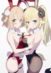 Rule 34 | 2girls, :p, ahoge, alternate costume, animal ear hairband, animal ears, armpit crease, asymmetrical docking, bare shoulders, black footwear, blonde hair, blue ribbon, blush, breast press, breasts, brown pantyhose, cleavage, closed mouth, collarbone, commentary request, cowboy shot, detached collar, dot nose, embarrassed, eyes visible through hair, fake animal ears, flower, foot up, from side, gotyou, green eyes, hair flower, hair ornament, hair ribbon, hairband, hand on another&#039;s arm, hand on another&#039;s waist, high heels, highres, hololive, horns, indie virtual youtuber, large breasts, leotard, light brown hair, long hair, looking at viewer, medium breasts, multiple girls, pantyhose, parted bangs, playboy bunny, pout, purple eyes, rabbit ears, rabbit tail, red ribbon, ribbon, sheep ears, sheep horns, sheep tail, shigure ui (vtuber), short hair, side ponytail, sideboob, sidelocks, sideways glance, simple background, single hair ring, smile, tail, thick eyelashes, thigh strap, thighs, tongue, tongue out, tsunomaki watame, v-shaped eyebrows, virtual youtuber, white background, white wrist cuffs, wrist cuffs