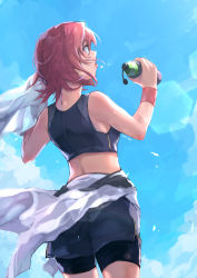 Rule 34 | 1girl, bike shorts, black shorts, blue sky, bottle, crop top, day, from behind, grey shorts, highres, holding, holding bottle, kantai collection, kinu (kancolle), midriff, myuutau tadakichi, outdoors, red hair, short hair, short shorts, shorts, shorts under shorts, sky, solo, standing, summer, wristband