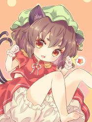 Rule 34 | 1girl, :d, animal ear fluff, animal ears, barefoot, bloomers, blush, brown eyes, brown hair, cat ears, cat tail, chen, commentary request, earrings, fang, foot out of frame, hands up, hat, highres, jewelry, looking at viewer, mob cap, multiple tails, nekomata, open mouth, orange background, paw pose, red skirt, red vest, rekishitai hoonoji, short hair, simple background, single earring, skin fang, skirt, smile, solo, spoken star, star (symbol), tail, touhou, two tails, underwear, vest, wrist cuffs