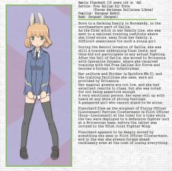 Rule 34 | 1girl, amelie planchard, animal ears, blonde hair, character profile, jacket, rabbit ears, rabbit girl, shimada fumikane, solo, strike witches, strike witches: katayoku no majo-tachi, thighhighs, uniform, world witches series