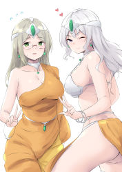 Rule 34 | 2girls, armor, ass, bikini armor, blonde hair, blush, bracelet, breasts, circlet, cleavage, cosplay, dragon quest, dragon quest iv, earrings, flying sweatdrops, glasses, green eyes, heart, highres, jewelry, kantai collection, kashima (kancolle), katori (kancolle), large breasts, loincloth, long hair, manya (cosplay), manya (dq4), minea (cosplay), minea (dq4), multiple girls, one eye closed, open mouth, pelvic curtain, purple eyes, sidelocks, silver hair, simple background, smile, sweat, takomeshi, v, w, white background