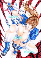 Rule 34 | 1girl, arm guards, breasts, brown eyes, brown hair, closed mouth, dead or alive, hair ribbon, holding, holding sword, holding weapon, kasumi (doa), large breasts, long hair, looking at viewer, marker (medium), ninja, ninjatou, panties, pantyshot, pelvic curtain, ribbon, sandals, serious, short sword, solo, sword, tabi, thighhighs, torn clothes, torn thighhighs, traditional media, underwear, weapon, white panties, white thighhighs, yqgkg, zouri