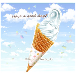 Rule 34 | blue sky, cloud, confetti, english text, food, food focus, happy clover 3, highres, ice cream, ice cream cone, musical note, no humans, original, sky, soft serve, still life, waffle cone