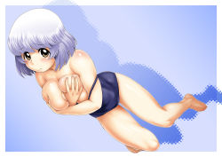 Rule 34 | 10s, 1girl, :t, barefoot, blue background, blush, grabbing another&#039;s breast, breast hold, breasts, brown eyes, covering privates, covering breasts, eyebrows, full body, grabbing, grabbing own breast, gradient background, kouda tomohiro, large breasts, looking at viewer, new school swimsuit, school swimsuit, short hair, silhouette, silver hair, solo, strap slip, swimsuit, tonari no seki-kun, topless, yokoi rumi