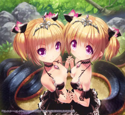 Rule 34 | 2girls, bikini, bikini top only, blonde hair, breasts, choker, company name, copyright name, crystal, foreshortening, gem, holding hands, jewelry, kankurou, lamia, looking at viewer, monster collection, monster girl, multiple girls, official art, original, purple eyes, ribbon, short hair, siblings, sisters, skirt, small breasts, smile, swimsuit, tail, tiara, twins, twintails
