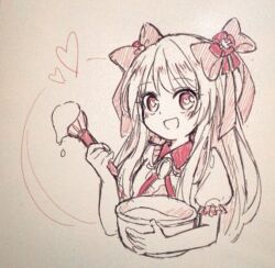 Rule 34 | 1girl, blush, bowl, chaos marie (grimms notes), cleavage cutout, clothing cutout, cooking, grimms notes, hair ribbon, heart, holding, holding bowl, jewelry, monochrome, necklace, oekaki suru, open mouth, pendant, pink eyes, puffy short sleeves, puffy sleeves, ribbon, short sleeves, smile, solo, traditional media, upper body, whisk