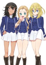 Rule 34 | 10s, 3girls, andou (girls und panzer), arm grab, bad id, bad twitter id, bc freedom military uniform, black footwear, black hair, blonde hair, blue eyes, blue jacket, blue vest, boots, brown eyes, closed mouth, commentary request, dark-skinned female, dark skin, dress shirt, drill hair, folding fan, frown, girls und panzer, green eyes, hand fan, hand on own hip, high collar, holding, jacket, knee boots, long hair, long sleeves, looking at viewer, marie (girls und panzer), medium hair, military, military uniform, miniskirt, multiple girls, no headwear, open mouth, oshida (girls und panzer), pleated skirt, shirt, shutou mq, simple background, skirt, smile, smirk, standing, uniform, vest, white background, white shirt, white skirt