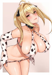 Rule 34 | 1girl, ahoge, animal print, bare shoulders, belt collar, blonde hair, blush, borrowed character, breasts, cocq taichou, collar, covered erect nipples, cow girl, cow horns, cow print, cowboy shot, elbow gloves, gloves, hair intakes, horns, large breasts, leaning forward, long hair, looking at viewer, navel, o-ring, o-ring top, original, panties, panty pull, pulled by self, saaya (kirome), solo, standing, sweatdrop, tongue, tongue out, underwear, undressing, virtual youtuber, yellow eyes