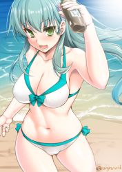 Rule 34 | aqua hair, asaga aoi, beach, bikini, breasts, cameltoe, cleavage, collarbone, day, from above, green bikini, green eyes, green hair, hair between eyes, kantai collection, large breasts, long hair, looking at viewer, navel, ocean, oil, open mouth, outdoors, ribbon, sand, smile, solo, sunlight, suzuya (kancolle), sweat, swimsuit, teeth, tongue, twitter username, water, white bikini