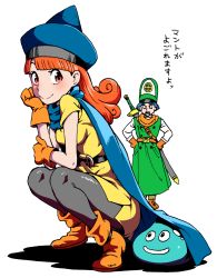 Rule 34 | 1boy, 1girl, alena (dq4), annoyed, belt, blue cape, blue hat, boots, cape, clift, coat, dragon quest, dragon quest iv, dress, gloves, green coat, green hat, hand on own arm, hands on own hips, hat, highres, nakahara kaihei, nakahara keihei, orange footwear, orange hair, pantyhose, shadow, slime (creature), smile, squatting, sword, translation request, weapon, yellow dress