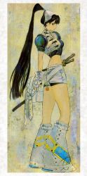 Rule 34 | 1girl, black eyes, black hair, fingerless gloves, from side, gloves, highres, ineuoy, katana, looking at viewer, original, ponytail, short sleeves, shorts, solo, sword, weapon, white footwear, white shorts