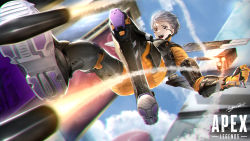 Rule 34 | 1girl, animification, apex legends, bodysuit, boots, brown eyes, cloud, copyright name, falling, firing, foreshortening, grey hair, hair behind ear, highres, in-universe location, jetpack, knee boots, logo, looking down, mechanical wings, armored boots, missile, missile pod, mugetsu2501, olympus (apex legends), open mouth, orange bodysuit, science fiction, short hair, sky, smile, solo, valkyrie (apex legends), wings