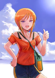 Rule 34 | 1girl, :d, beach, between breasts, blue shorts, blue sky, blush, breasts, cloud, collarbone, day, gacha-m, gundam, gundam zz, hand on own hip, looking at viewer, off-shoulder shirt, off shoulder, open mouth, orange hair, orange shirt, outdoors, purple eyes, puru two, shirt, short hair, short hair with long locks, short shorts, short sleeves, shorts, sidelocks, sky, small breasts, smile, solo, strap between breasts, thumbs up