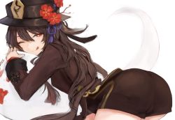 Rule 34 | 1girl, ass, brown hair, chinese clothes, coattails, from behind, genshin impact, ghost, hat, hikinito, hu tao (genshin impact), long hair, looking at viewer, one eye closed, red eyes, short shorts, shorts, smile, solo, tongue, tongue out, twintails, very long hair