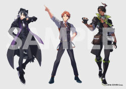 Rule 34 | &gt;:), 3boys, :d, :p, abs, animal ears, animal print, ankle boots, aragami oga, arm up, belt, belt pouch, black belt, black coat, black footwear, black gloves, black hair, black pants, black shirt, black vest, boots, brown vest, buttons, chest guard, claw pose, closed mouth, coat, collar, collared shirt, copyright notice, curtained hair, dark-skinned male, dark skin, demon horns, double-breasted, earrings, eyepatch, full body, fur-trimmed coat, fur trim, gloves, green eyes, grey background, grey shirt, hair between eyes, hair over one eye, half gloves, hand on own hip, hand up, heterochromia, high collar, holostars, horns, jackal boy, jackal ears, jackal tail, jewelry, kageyama shien, knee boots, lapel pin, legs apart, looking at viewer, male focus, mole, mole under eye, multicolored hair, multiple boys, neck ribbon, necktie, official art, open clothes, open coat, open mouth, open shirt, orange eyes, orange hair, orange socks, overcoat, oxfords, pants, parted bangs, partially fingerless gloves, pectoral cleavage, pectorals, pointing, pouch, purple eyes, ribbon, sample watermark, sharp teeth, shirt, short hair, simple background, single earring, single horn, sleeves rolled up, smile, socks, standing, stole, streaked hair, tail, teeth, thigh pouch, tiger print, toned, toned male, tongue, tongue out, two-tone hair, v-shaped eyebrows, vest, virtual youtuber, watermark, white hair, white necktie, xia (ryugo), yellow eyes, yukoku roberu