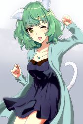 Rule 34 | 1girl, ;d, animal ears, bad id, bad pixiv id, blue dress, cat ears, cat tail, collarbone, cowboy shot, dress, gradient background, green eyes, green hair, grey background, highres, idolmaster, idolmaster cinderella girls, jewelry, long hair, looking at viewer, mole, mole under eye, necklace, one eye closed, open mouth, paw pose, shiki (0802makimari), sleeveless, sleeveless dress, smile, solo, standing, strapless, strapless dress, tail, takagaki kaede