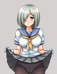 Rule 34 | 10s, 1girl, blue eyes, blush, breasts, cameltoe, clothes lift, collarbone, cowboy shot, don (29219), gloves, grey background, hair ornament, hair over one eye, hamakaze (kancolle), kantai collection, large breasts, looking at viewer, neckerchief, panties, panties under pantyhose, pantyhose, school uniform, serafuku, short hair, short sleeves, silver hair, simple background, skirt, skirt lift, smile, solo, standing, underwear, white gloves, yellow neckerchief