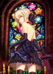 Rule 34 | 1girl, artoria pendragon (all), artoria pendragon (fate), back, bad id, bad pixiv id, bare shoulders, black bow, black dress, black gloves, black neckwear, blonde hair, bow, breasts, briska, candle, choker, church, closed mouth, cowboy shot, dress, elbow gloves, excalibur morgan (fate), expressionless, fate/stay night, fate (series), fire, fire, from behind, gloves, hair between eyes, hair bow, hair bun, holding, holding sword, holding weapon, indoors, light particles, looking back, medium breasts, saber (fate), saber alter, short hair, sideboob, signature, single hair bun, solo, stained glass, standing, sword, thighhighs, unsheathed, weapon, yellow eyes, zettai ryouiki