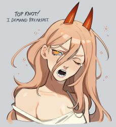 Rule 34 | 1girl, bare shoulders, camisole, chainsaw man, close-up, cross-shaped pupils, demon horns, english text, grey background, highres, horns, long hair, messy hair, one eye closed, open mouth, orange eyes, orange hair, porqueloin, portrait, power (chainsaw man), red horns, sharp teeth, shirt, simple background, sleeveless, sleeveless shirt, solo, strap slip, symbol-shaped pupils, talking, teardrop, teeth, white shirt