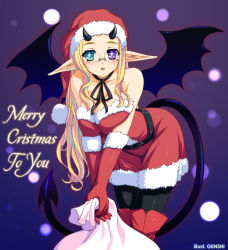 Rule 34 | + +, 1girl, bad id, bad pixiv id, bare shoulders, blonde hair, blush, boots, breasts, choker, christmas, cleavage, covered erect nipples, cross, demon girl, demon tail, demon wings, elbow gloves, english text, engrish text, genshi, glasses, gloves, green eyes, hat, heterochromia, horns, large breasts, leaning forward, mole, mole under eye, neck ribbon, original, pantyhose, pointy ears, purple eyes, ranguage, red gloves, ribbon, ribbon choker, santa costume, santa hat, solo, tail, thigh boots, thighhighs, wings