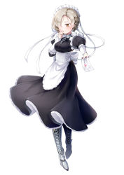 Rule 34 | 1girl, apron, azur lane, black dress, blonde hair, blush, boots, braid, bustier, chain, collar, confession, corset, cross, cross-laced footwear, dress, envelope, french braid, hair over one eye, hair ribbon, hand to own mouth, hand up, highres, inverted cross, jacknavy, juliet sleeves, knee boots, long sleeves, looking to the side, maid, maid apron, maid headdress, armored boots, metal collar, outstretched arms, puffy sleeves, ribbon, sheffield (azur lane), simple background, solo, white background, white ribbon, wrist cuffs, yellow eyes