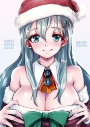 Rule 34 | 10s, 1girl, absurdres, alternate costume, aqua eyes, aqua hair, ascot, bare shoulders, breasts, character name, cleavage, copyright name, dress, english text, hair ornament, hairclip, hands on own chest, hat, highres, kantai collection, large breasts, lips, long hair, santa costume, santa hat, smile, solo, souryu, suzuya (kancolle), text focus, white background