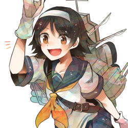 Rule 34 | 10s, 1girl, :d, arm up, bad id, bad nicoseiga id, black hair, brown eyes, buckle, chromatic aberration, collarbone, gloves, hairband, itomugi-kun, kantai collection, machinery, neckerchief, open mouth, personification, pleated skirt, school uniform, serafuku, short hair, short sleeves, simple background, skirt, smile, solo, tanikaze (kancolle), torn clothes, white background, white gloves, white hairband, yellow neckerchief